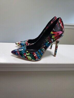 Shoe Republic LA Colorful Abstract Print Pointed Toe Stiletto Heels - Multicolor